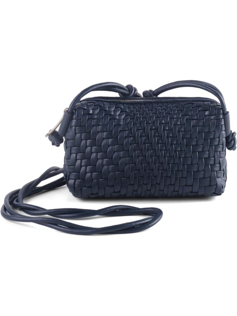Women's Navy Blue Small Woven Vegan Leather Zipper Imported Crossbody Bag